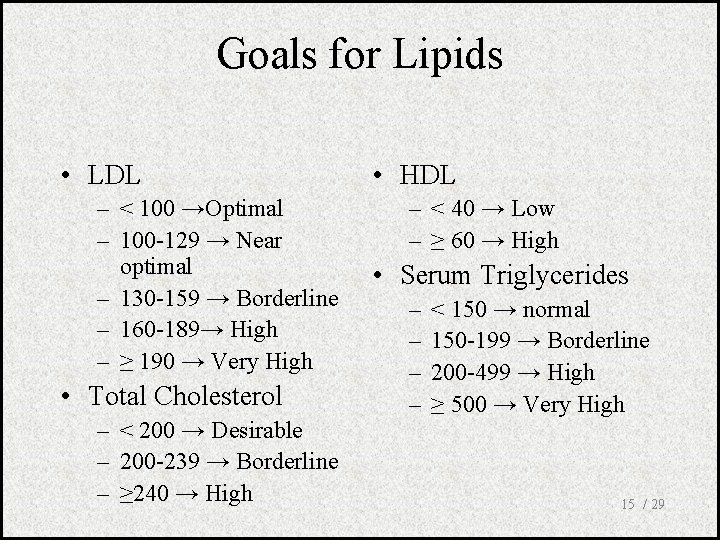 Goals for Lipids • LDL – < 100 →Optimal – 100 -129 → Near