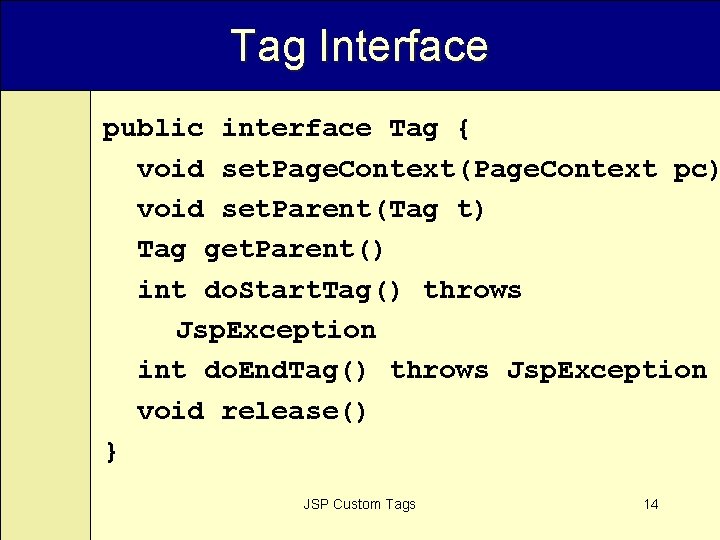 Tag Interface public interface Tag { void set. Page. Context(Page. Context pc) void set.