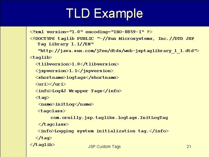 TLD Example <? xml version="1. 0" encoding="ISO-8859 -1" ? > <!DOCTYPE taglib PUBLIC "-//Sun