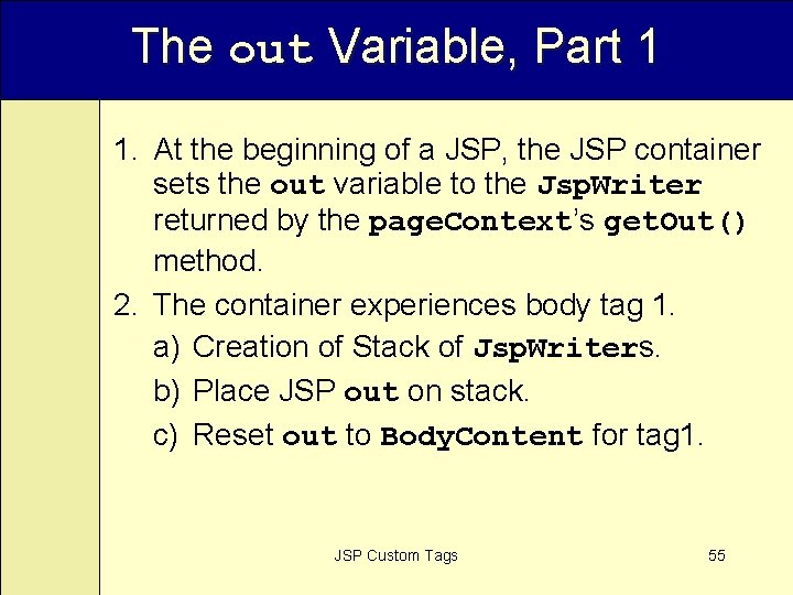 The out Variable, Part 1 1. At the beginning of a JSP, the JSP
