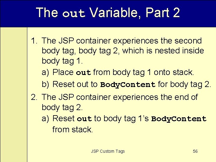 The out Variable, Part 2 1. The JSP container experiences the second body tag,