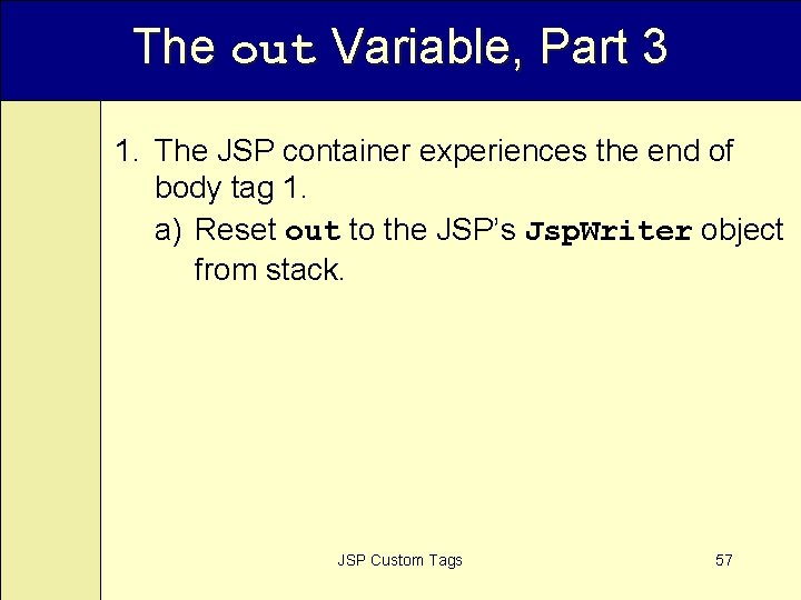The out Variable, Part 3 1. The JSP container experiences the end of body