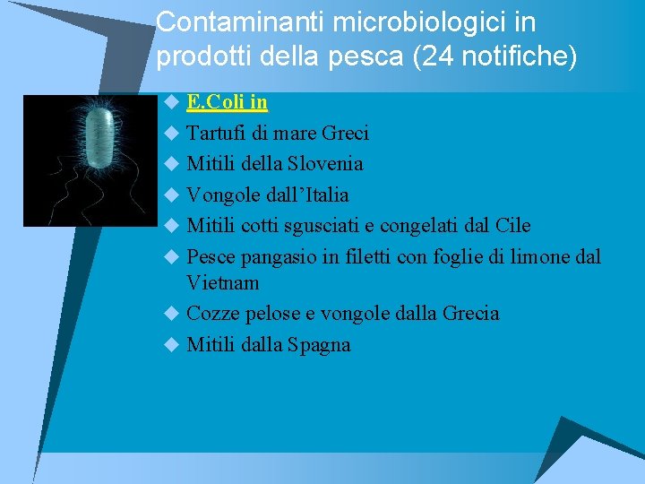 Contaminanti microbiologici in prodotti della pesca (24 notifiche) u E. Coli in u Tartufi