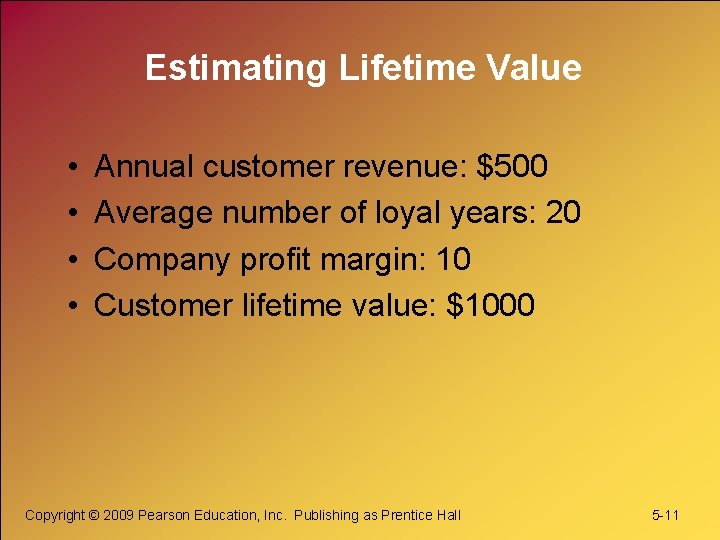 Estimating Lifetime Value • • Annual customer revenue: $500 Average number of loyal years: