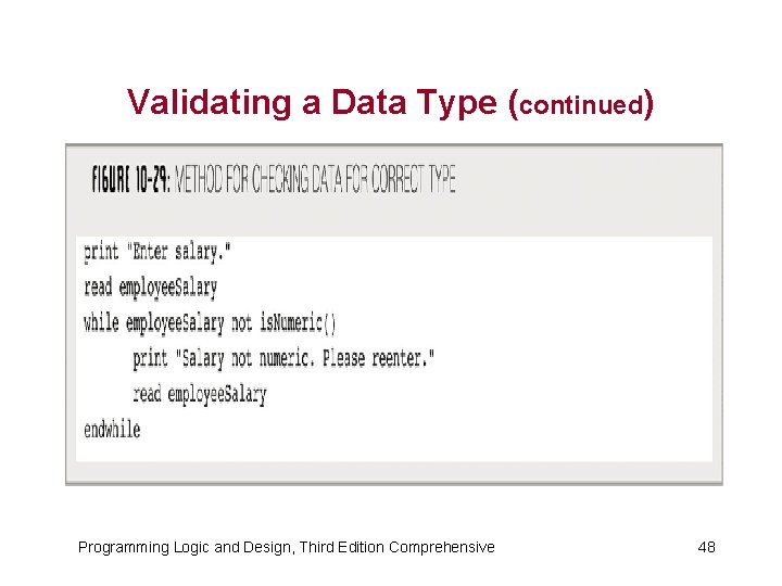 Validating a Data Type (continued) Programming Logic and Design, Third Edition Comprehensive 48 