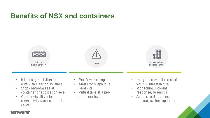 Benefits of NSX and containers Microsegmentation • • • Micro-segmentation to establish clear boundaries