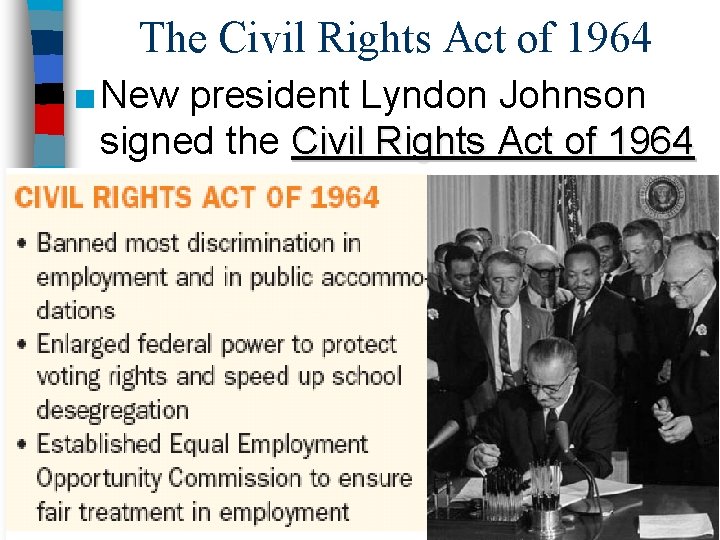 The Civil Rights Act of 1964 ■ New president Lyndon Johnson signed the Civil