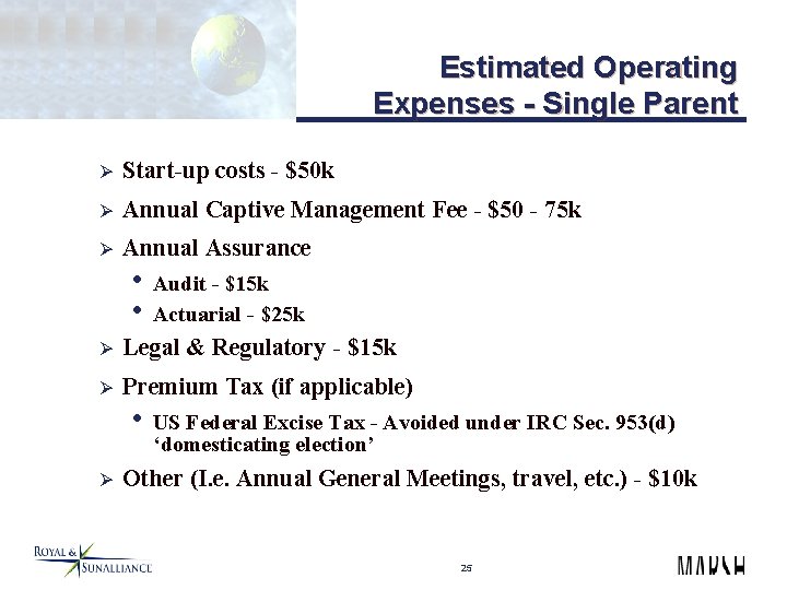 Estimated Operating Expenses - Single Parent Ø Start-up costs - $50 k Ø Annual