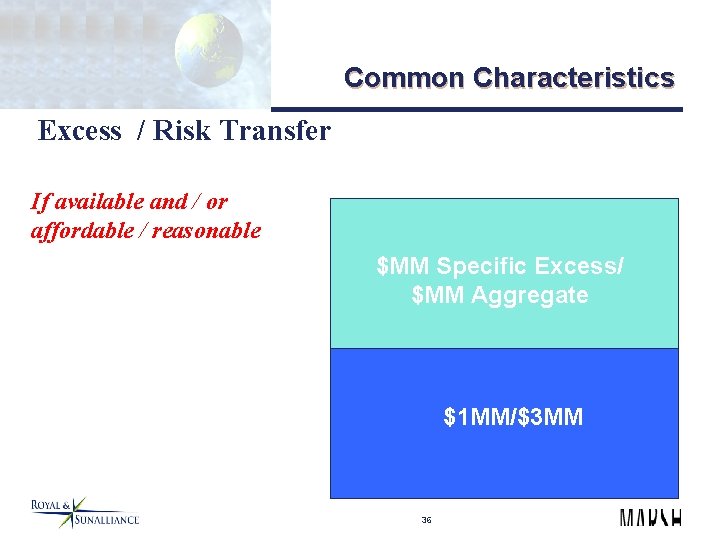 Common Characteristics Excess / Risk Transfer If available and / or affordable / reasonable