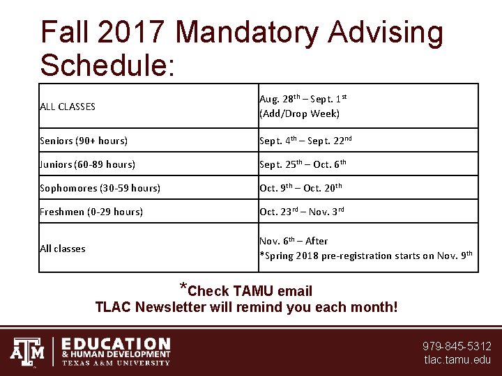 Fall 2017 Mandatory Advising Schedule: ALL CLASSES Aug. 28 th – Sept. 1 st Fall 2017 Mandatory Advising Schedule: ALL CLASSES Aug. 28 th – Sept. 1 st