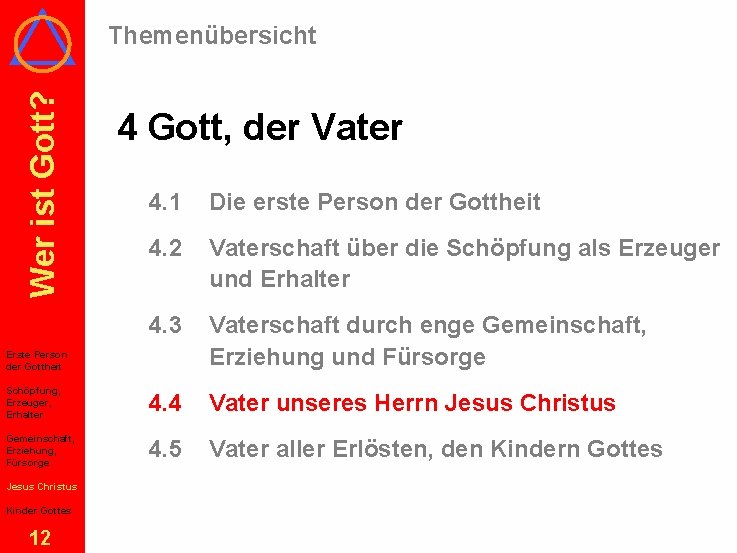 Wer ist Gott? Themenübersicht 4 Gott, der Vater 4. 1 Die erste Person der