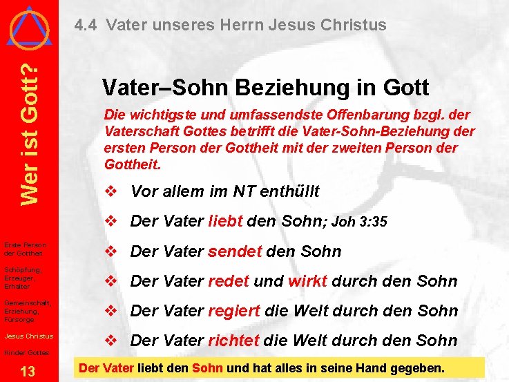 Wer ist Gott? 4. 4 Vater unseres Herrn Jesus Christus Vater–Sohn Beziehung in Gott