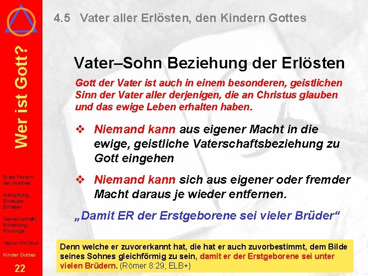 Wer ist Gott? 4. 5 Vater aller Erlösten, den Kindern Gottes Erste Person der