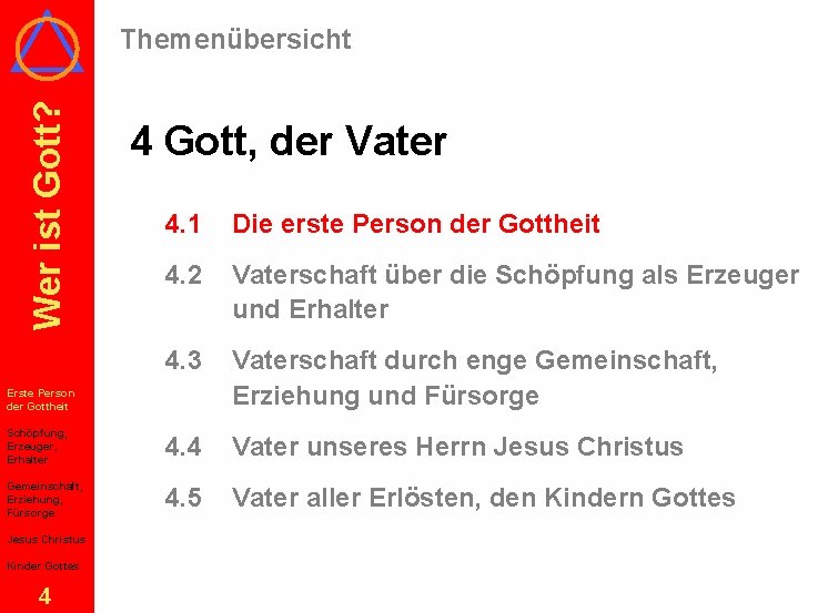 Wer ist Gott? Themenübersicht 4 Gott, der Vater 4. 1 Die erste Person der