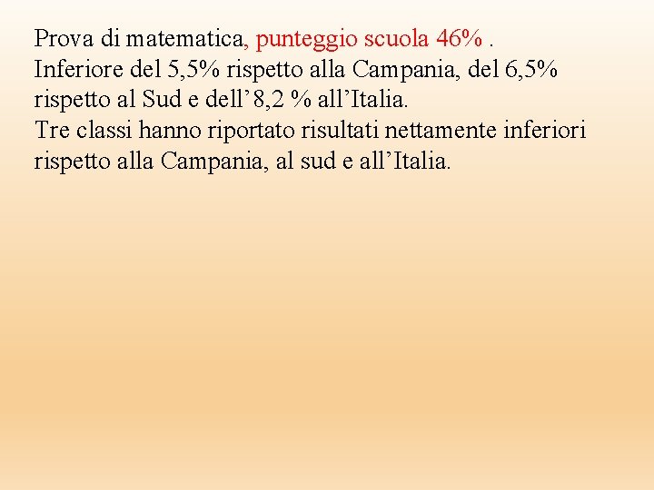 Prova di matematica, punteggio scuola 46%. Inferiore del 5, 5% rispetto alla Campania, del Prova di matematica, punteggio scuola 46%. Inferiore del 5, 5% rispetto alla Campania, del