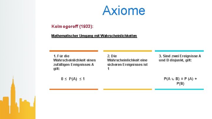 Axiome Kolmogoroff (1933): Mathematischer Umgang mit Wahrscheinlichkeiten 1. Für die Wahrscheinlichkeit eines zufälligen Ereignisses