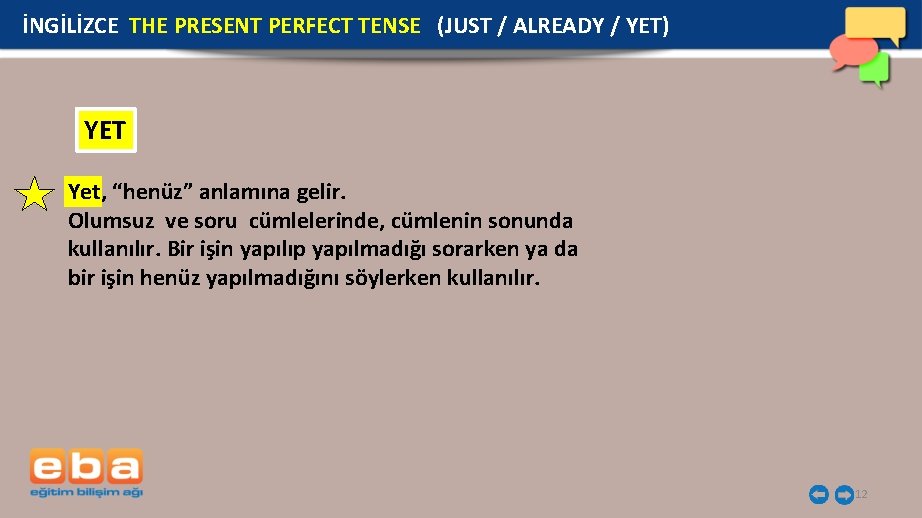 İNGİLİZCE THE PRESENT PERFECT TENSE (JUST / ALREADY / YET) YET Yet, “henüz” anlamına