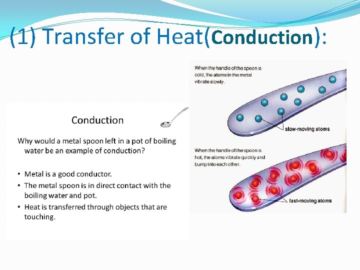 (1) Transfer of Heat(Conduction): 