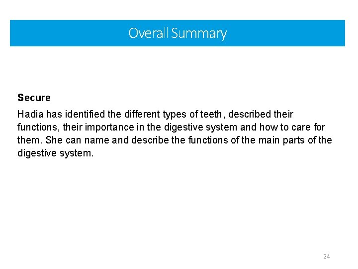 Overall Summary Secure Hadia has identified the different types of teeth, described their functions,