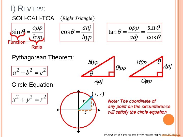 I) REVIEW: SOH-CAH-TOA Function Ratio Pythagorean Theorem: Circle Equation: Note: The coordinate of any