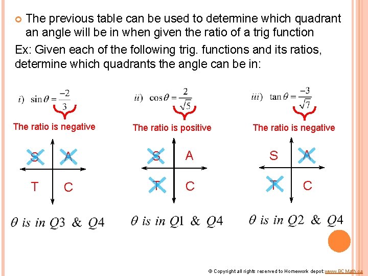 The previous table can be used to determine which quadrant an angle will be