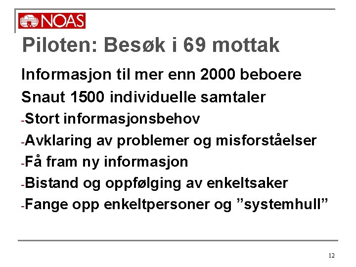 Piloten: Besøk i 69 mottak Informasjon til mer enn 2000 beboere Snaut 1500 individuelle