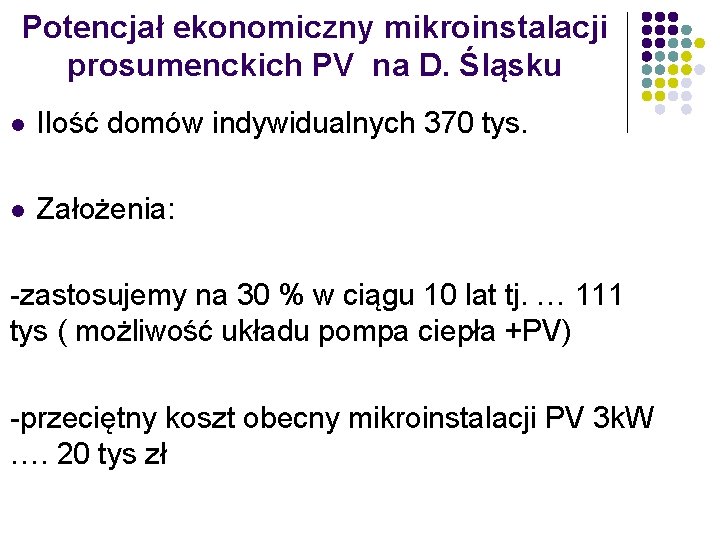 Potencjał ekonomiczny mikroinstalacji prosumenckich PV na D. Śląsku l Ilość domów indywidualnych 370 tys.