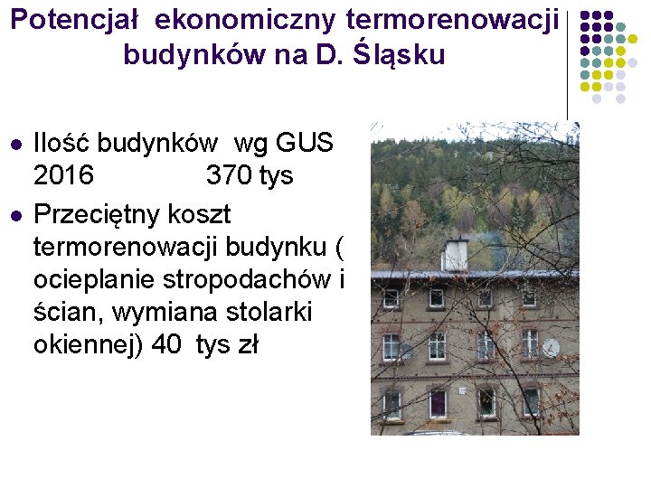Potencjał ekonomiczny termorenowacji budynków na D. Śląsku l l Ilość budynków wg GUS 2016