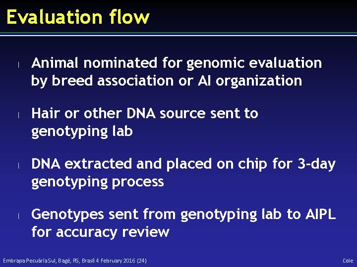 Evaluation flow l l Animal nominated for genomic evaluation by breed association or AI