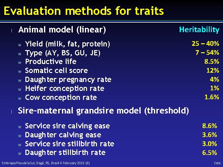 Evaluation methods for traits l Animal model (linear) w w w w l Heritability