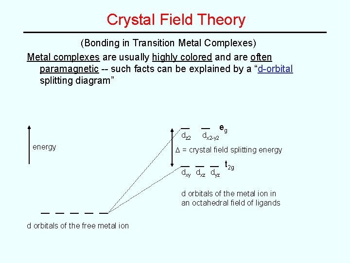 Crystal Field Theory (Bonding in Transition Metal Complexes) Metal complexes are usually highly colored