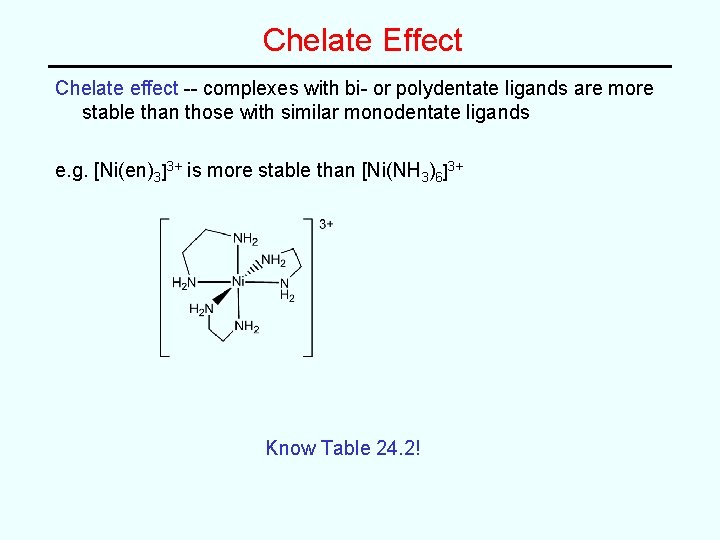 Chelate Effect Chelate effect -- complexes with bi- or polydentate ligands are more stable