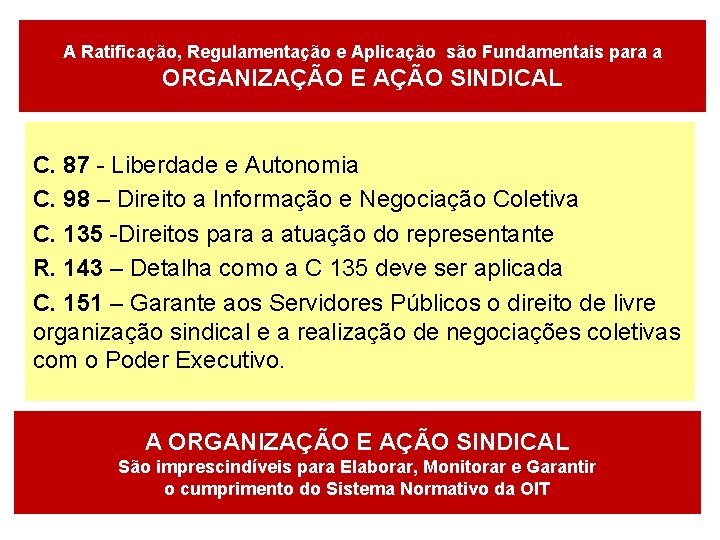 A Ratificação, Regulamentação e Aplicação são Fundamentais para a ORGANIZAÇÃO E AÇÃO SINDICAL C.