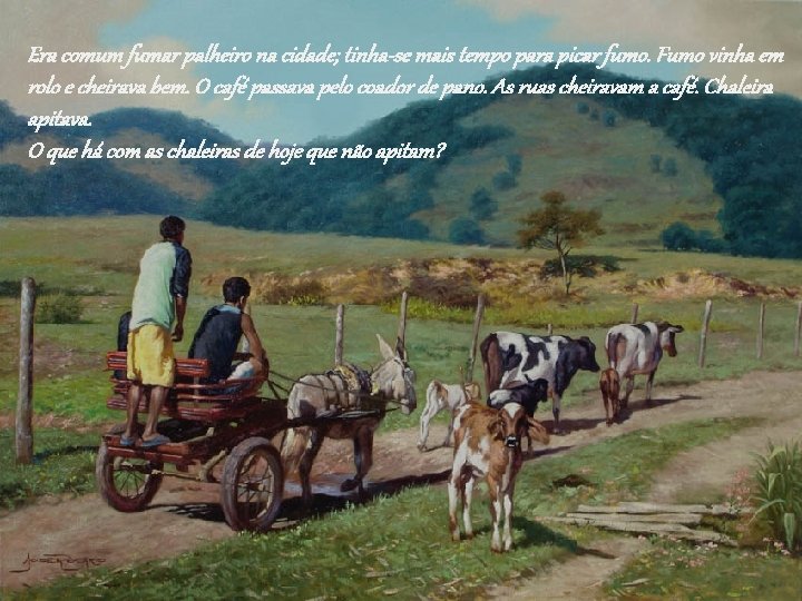 Era comum fumar palheiro na cidade; tinha-se mais tempo para picar fumo. Fumo vinha