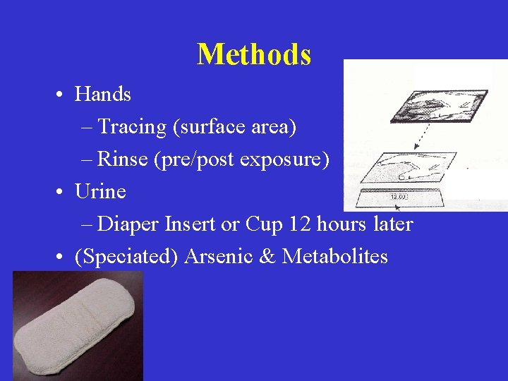 Methods • Hands – Tracing (surface area) – Rinse (pre/post exposure) • Urine –