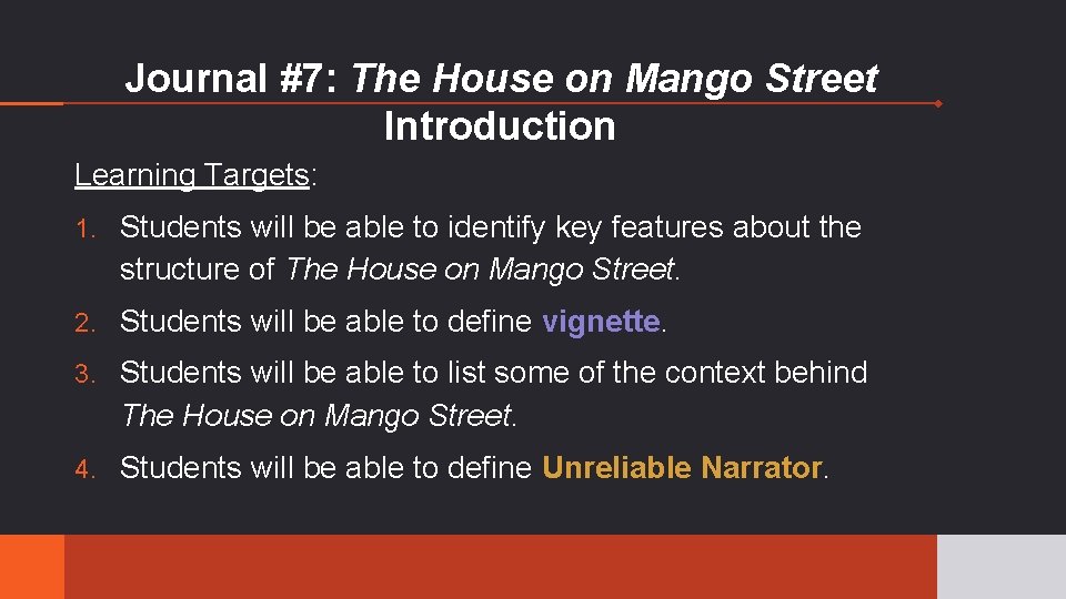 Journal #7: The House on Mango Street Introduction Learning Targets: 1. Students will be