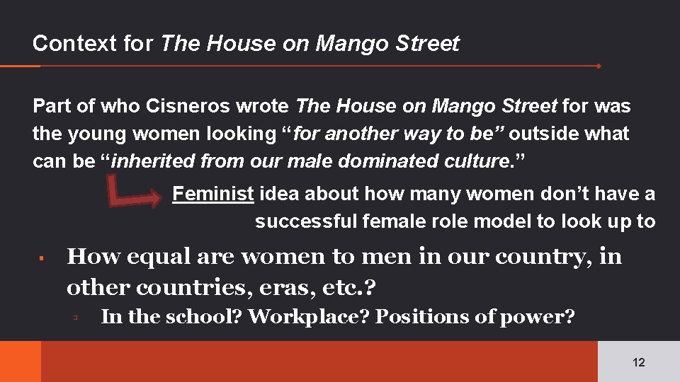 Context for The House on Mango Street Part of who Cisneros wrote The House