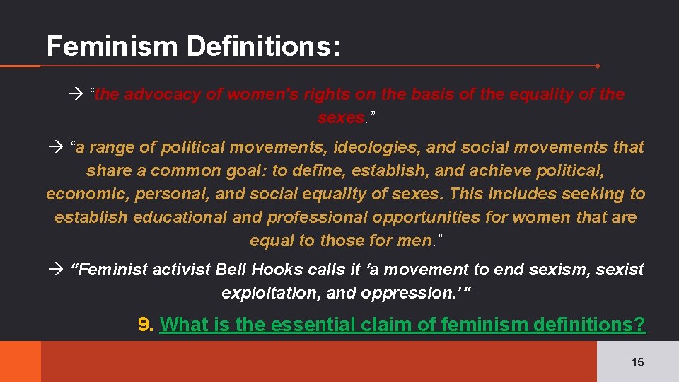 Feminism Definitions: “the advocacy of women's rights on the basis of the equality of