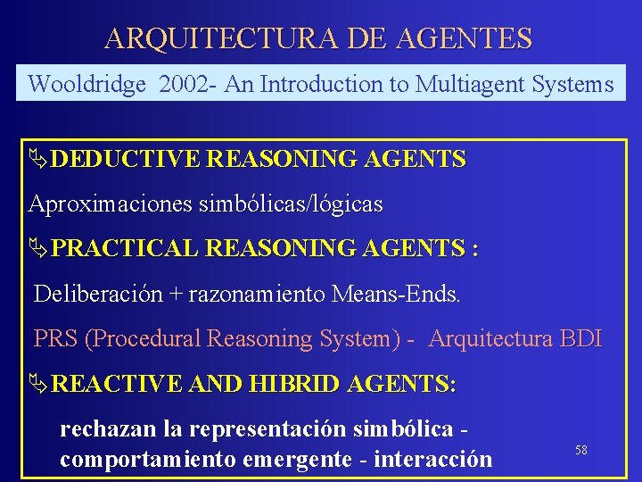 ARQUITECTURA DE AGENTES Wooldridge 2002 - An Introduction to Multiagent Systems ÄDEDUCTIVE REASONING AGENTS