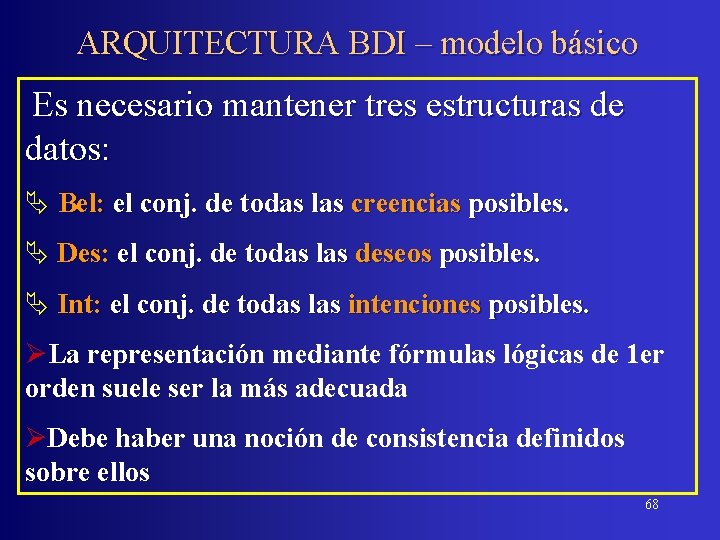 ARQUITECTURA BDI – modelo básico Es necesario mantener tres estructuras de datos: Ä Bel: