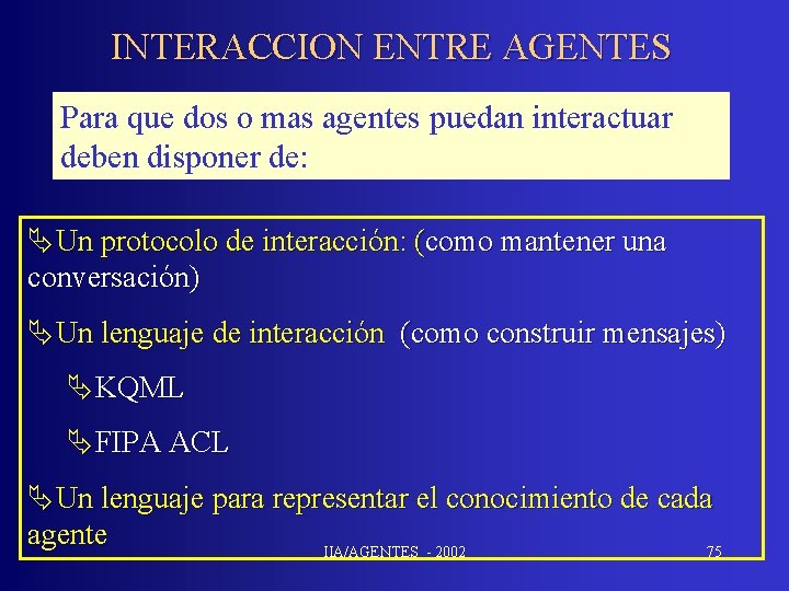 INTERACCION ENTRE AGENTES Para que dos o mas agentes puedan interactuar deben disponer de: