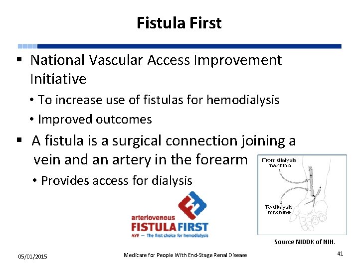 Fistula First § National Vascular Access Improvement Initiative • To increase use of fistulas