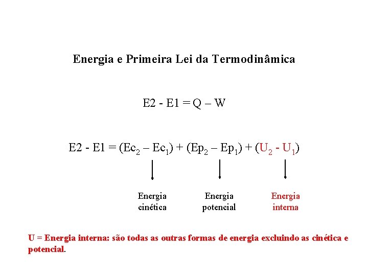 Energia e Primeira Lei da Termodinâmica E 2 - E 1 = Q – Energia e Primeira Lei da Termodinâmica E 2 - E 1 = Q –