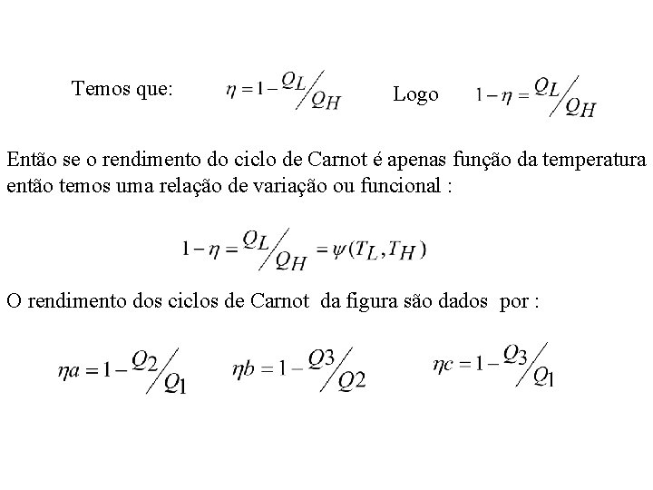 Temos que: Logo Então se o rendimento do ciclo de Carnot é apenas função Temos que: Logo Então se o rendimento do ciclo de Carnot é apenas função