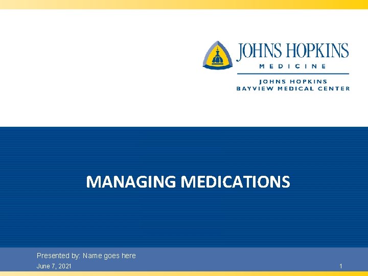 MANAGING MEDICATIONS Presented by: Name goes here June 7, 2021 1 
