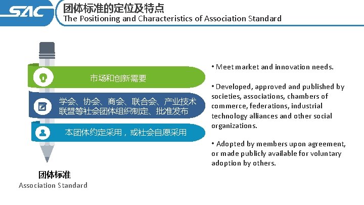 团体标准的定位及特点 The Positioning and Characteristics of Association Standard • Meet market and innovation needs.