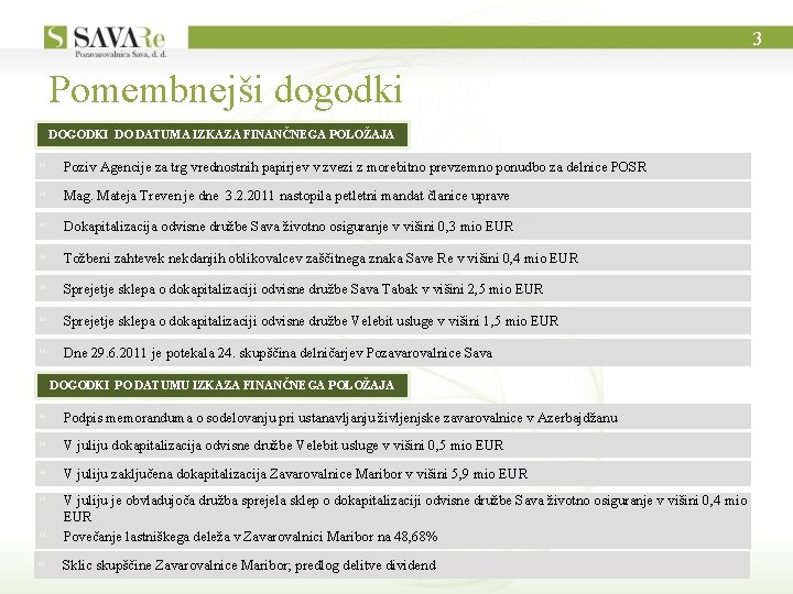 3 Pomembnejši dogodki DOGODKI DO DATUMA IZKAZA FINANČNEGA POLOŽAJA Poziv Agencije za trg vrednostnih