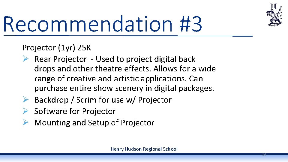 Recommendation #3 Projector (1 yr) 25 K Ø Rear Projector - Used to project