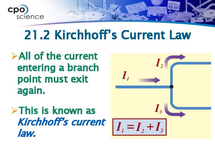 21. 2 Kirchhoff’s Current Law ØAll of the current entering a branch point must