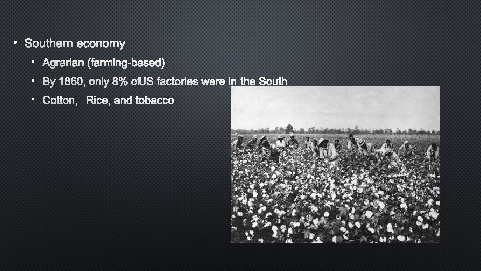  • SOUTHERN ECONOMY • AGRARIAN (FARMING-BASED) • BY 1860, ONLY 8% OF US